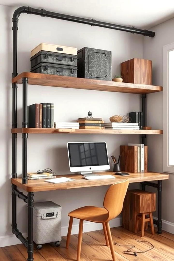 Industrial Pipe Shelving - 30 Rustic Home Office Ideas