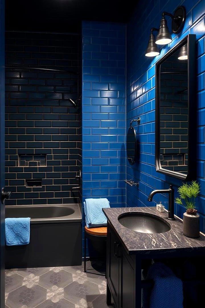 Industrial Style Black Fixtures Paired with Blue Accents - 30 black and blue bathroom ideas