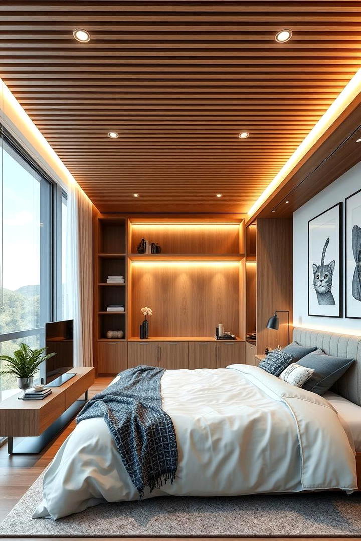 Integrated Storage Wood Slat Ceiling - 30 Wood Slat Ceiling Ideas