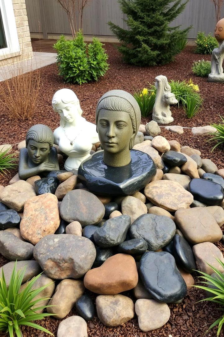 Integrative Rock and Sculpture Feature - 30 Black River Rock Landscaping Ideas