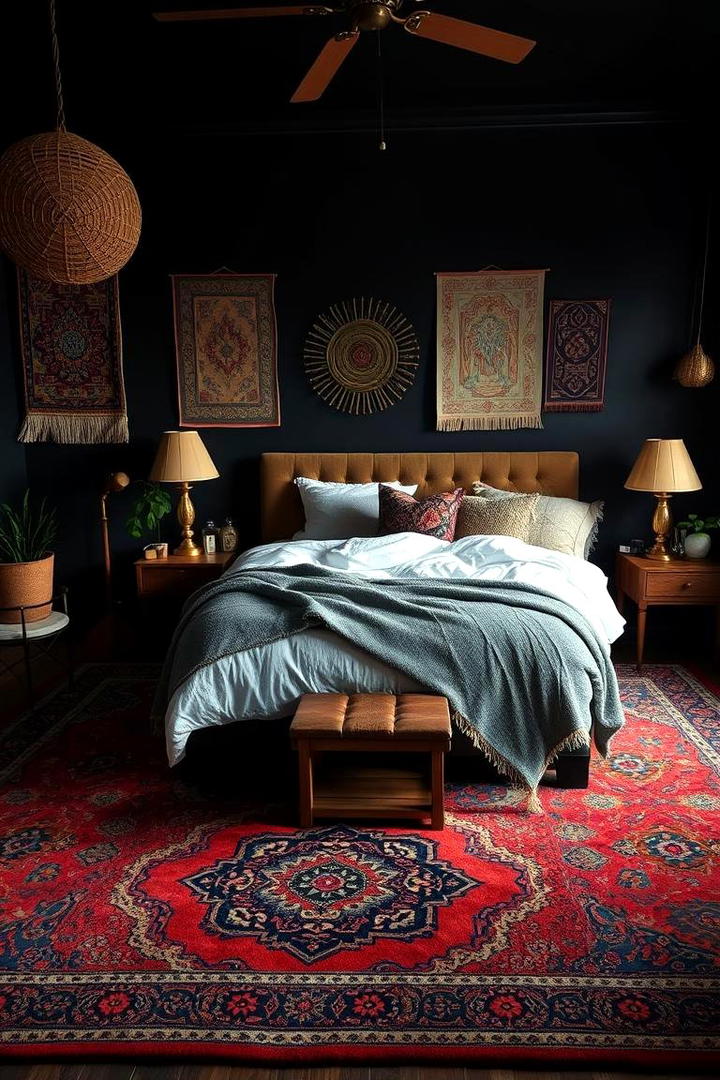 Intricate Patterned Rugs - 30 Dark Boho Bedroom Ideas