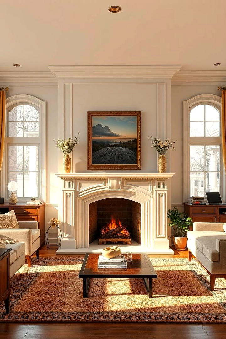 Inviting Cream and Gold Fireplace Surround - 30 Cream and Gold Living Room Ideas