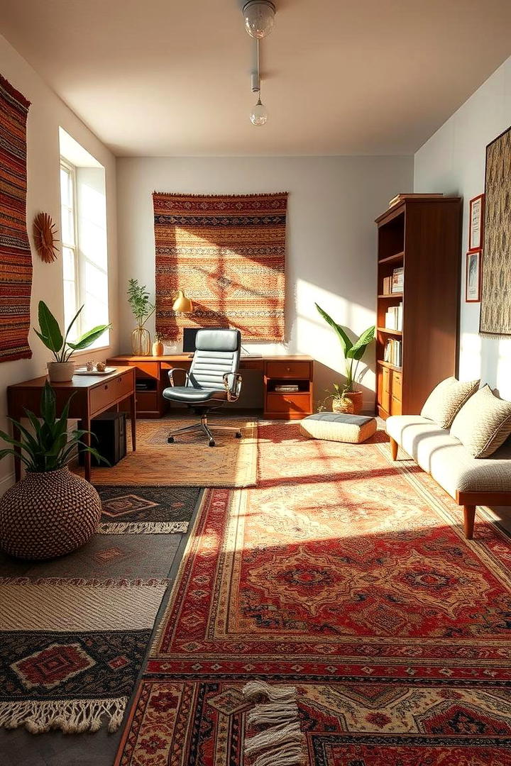 Layered Rug and Textured Flooring Office - 30 Bohemian Home Office Ideas