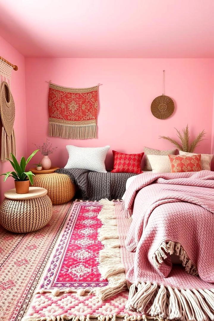 Layered Rugs and Cozy Throws - 30 Pink Boho Bedroom Ideas