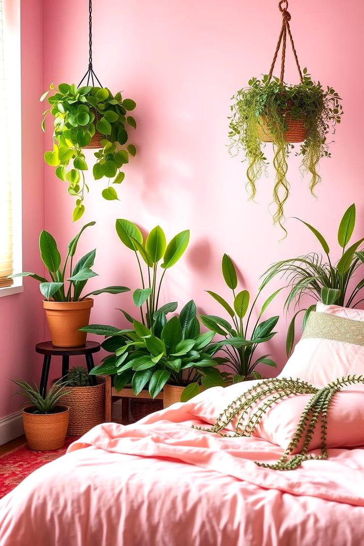 Lush Indoor Plants and Natural Green - 30 Pink Boho Bedroom Ideas