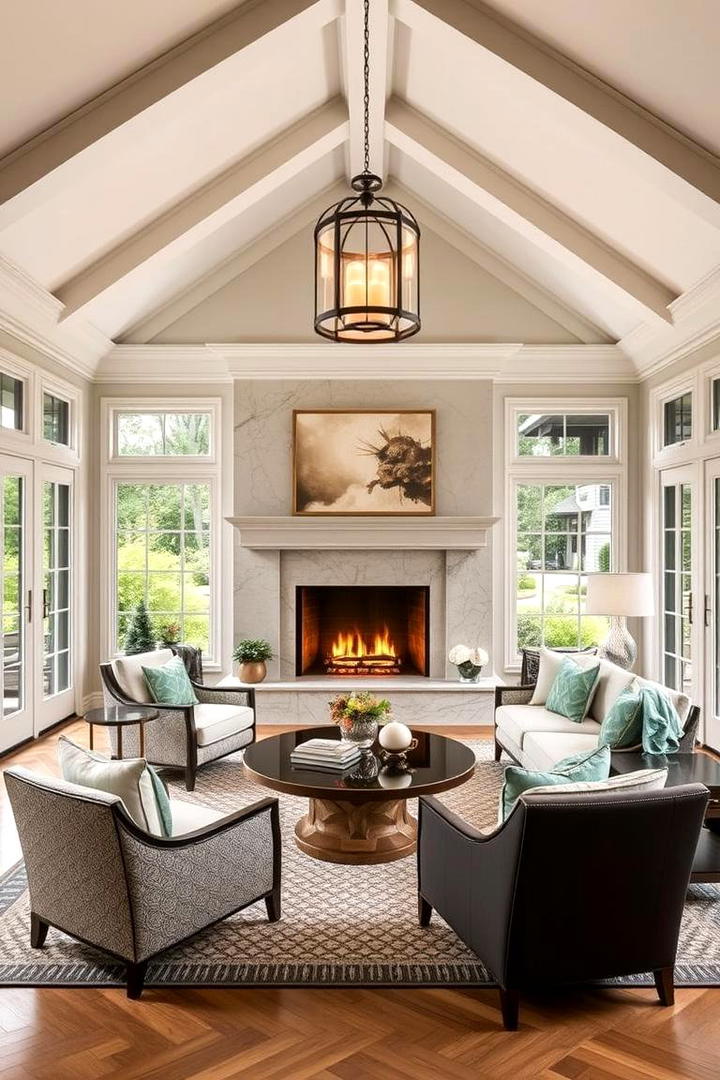 Luxe Retreat Sunroom with Impressive Fireplace - 30 Sunroom With Fireplace