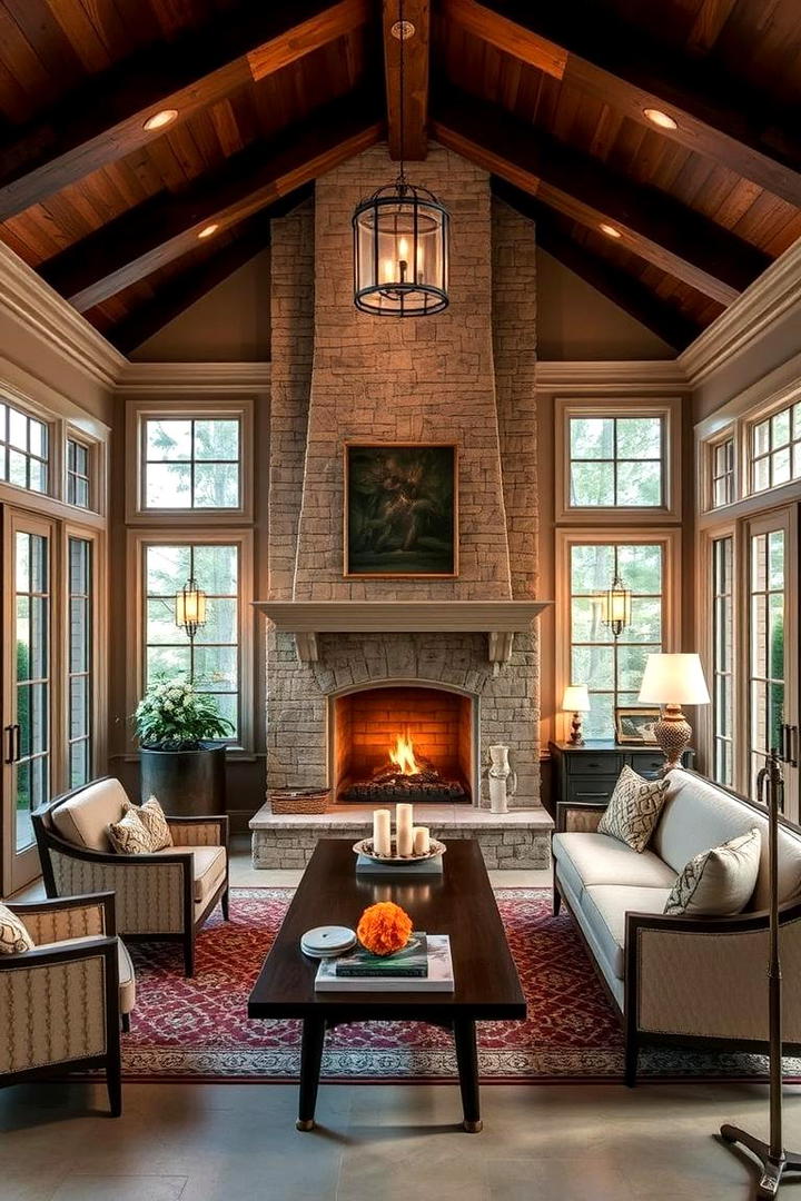 Luxe Sunroom with Custom Built Fireplace Centerpiece - 30 Sunroom With Fireplace