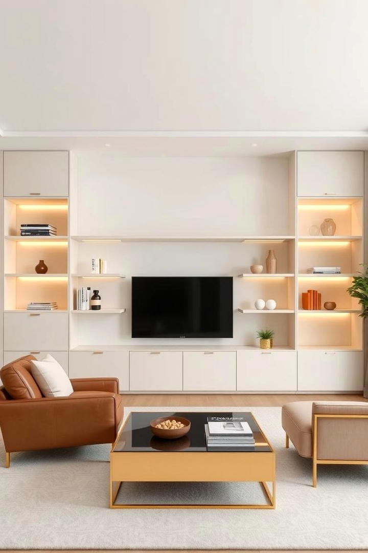 Minimalist Cream and Gold Shelving Units - 30 Cream and Gold Living Room Ideas