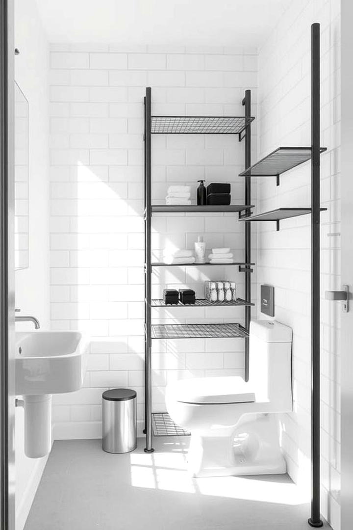 Minimalist Metal Shelving - 30 Small Bathroom Shelving Ideas