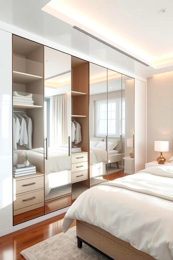 Mirror Fronted Storage Unit - 30 Built-in Wardrobe Ideas Around a Bed