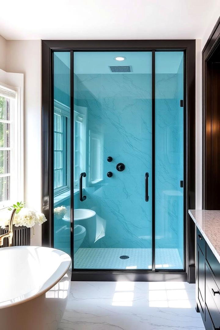 Modern Blue Glass Shower Enclosure with Black Trim - 30 black and blue bathroom ideas