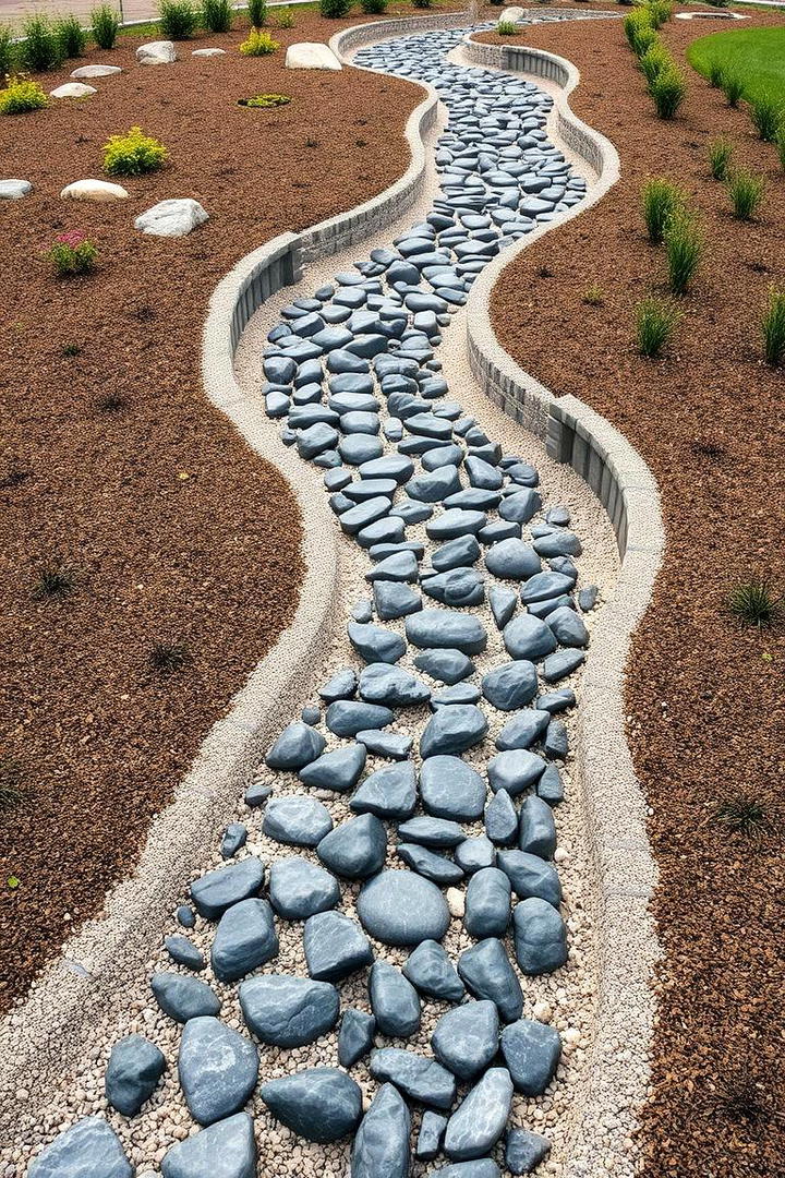 Modern Dry Riverbed Installation - 30 Black River Rock Landscaping Ideas