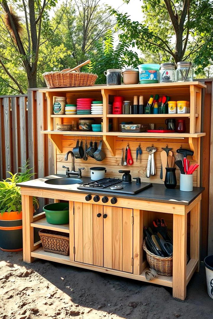 Mud Kitchen with Custom Shelves - 30 Mud Kitchen Ideas for Kids