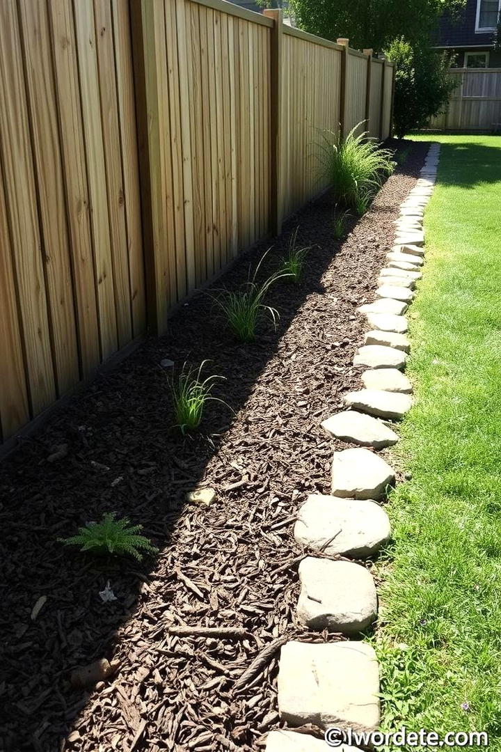 Mulch and Stone Combination - 30 Simple Fence Line Landscaping Ideas