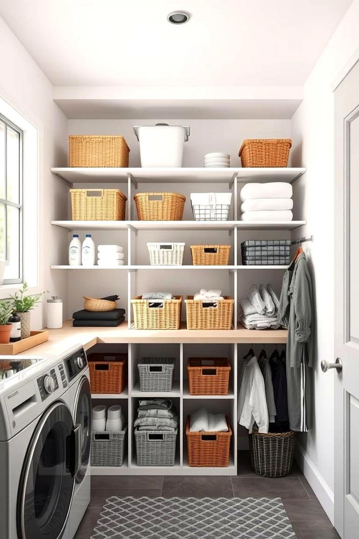 Multi tiered Laundry Storage Shelves - 30 Laundry Room Shelf Ideas