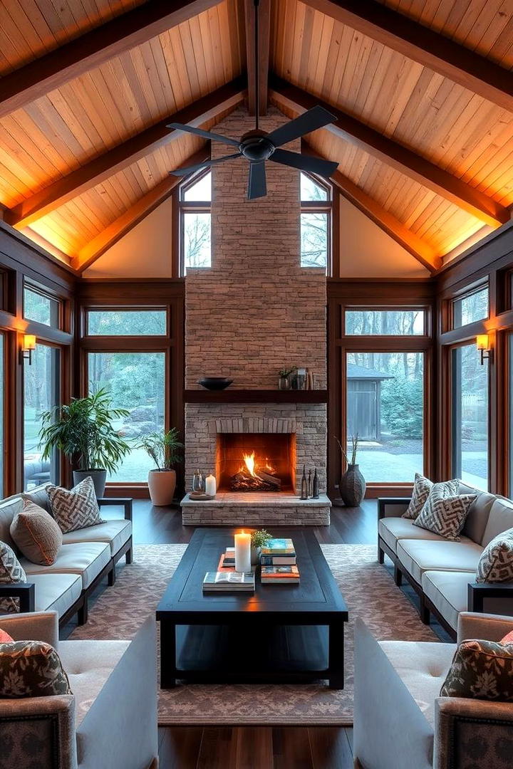 Open Plan Sunroom with Central Fireplace Focus - 30 Sunroom With Fireplace