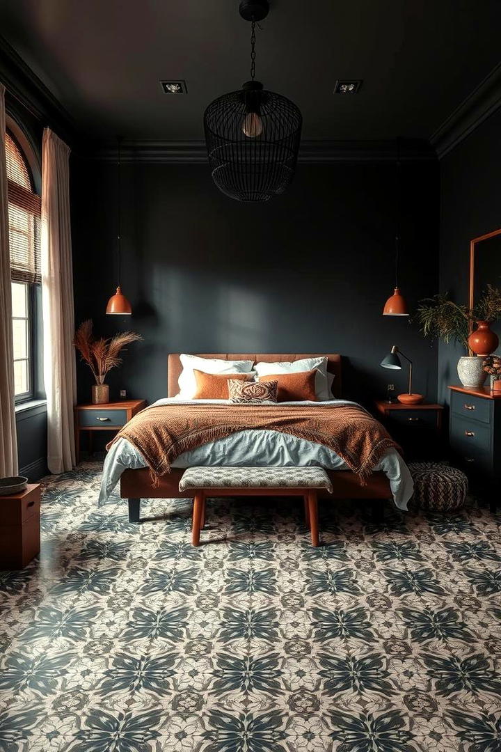 Patterned Floor Tiles - 30 Dark Boho Bedroom Ideas