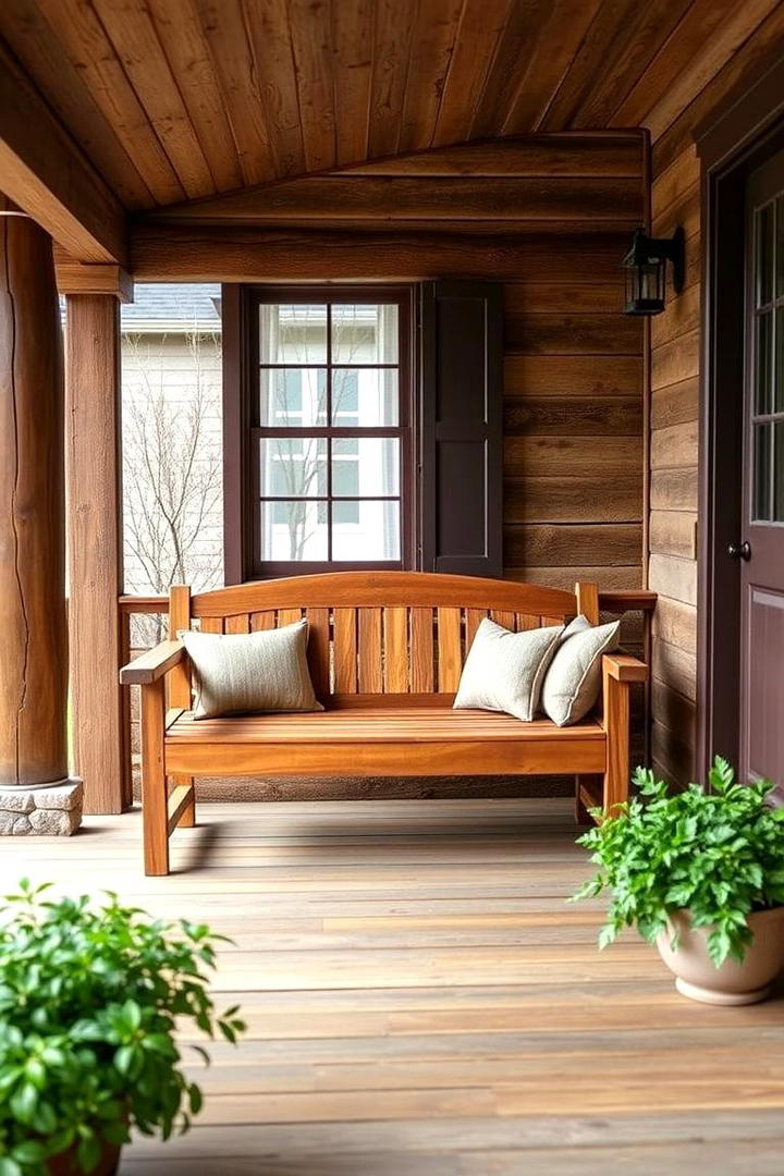 Quaint Wooden Bench with Cushions - 30 Rustic Front Porch Ideas