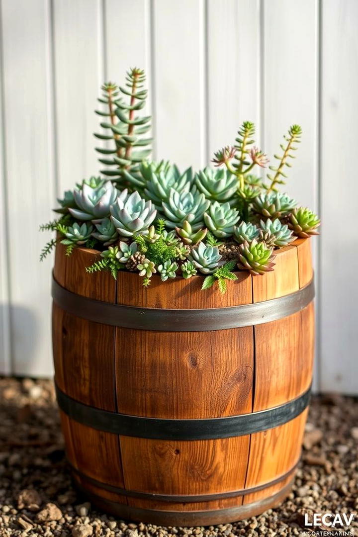 Reclaimed Wood Barrel Garden - 30 Outdoor Succulent Container Ideas