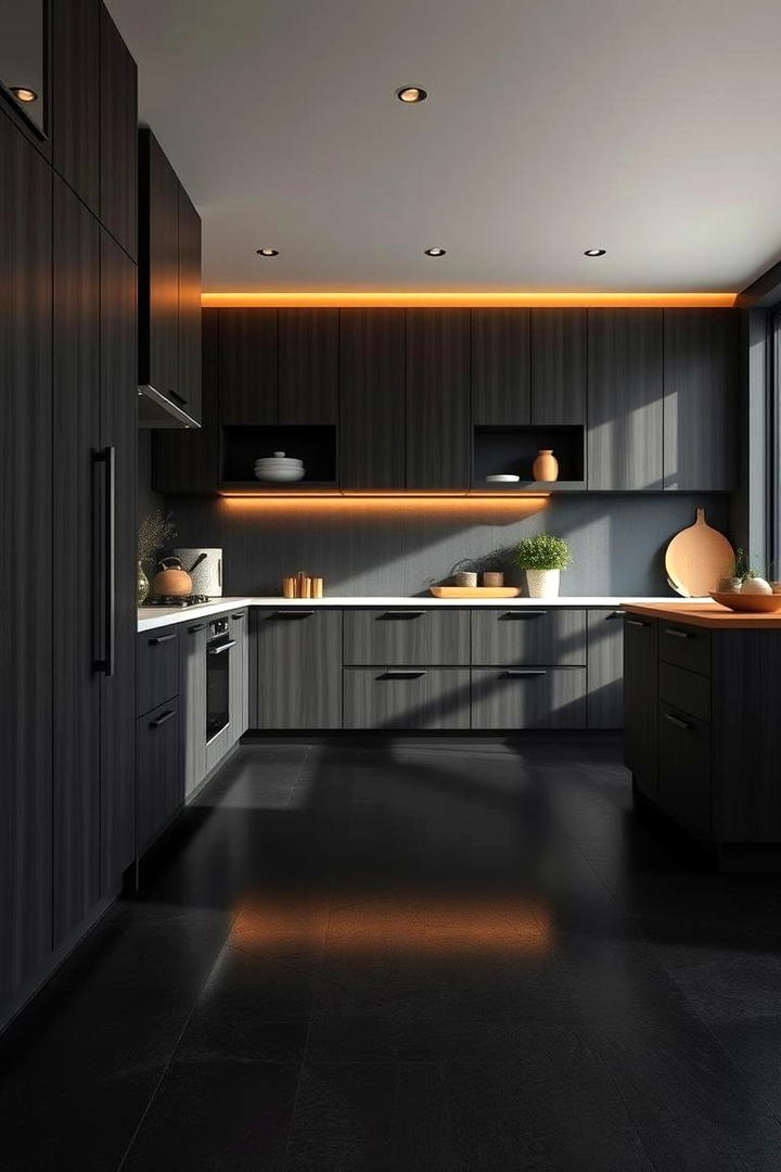 Refined Black Floor with Soft Lighting - 30 Black Floor Kitchen Ideas