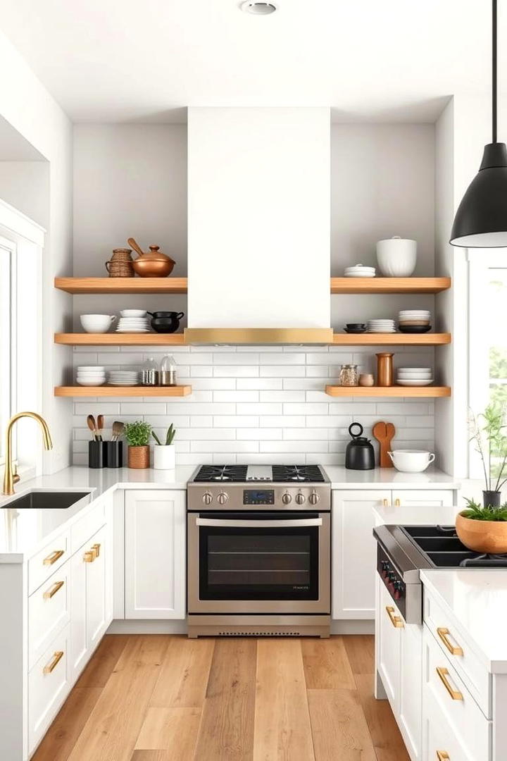 Refined Open Shelving - 30 black white and gold kitchen ideas