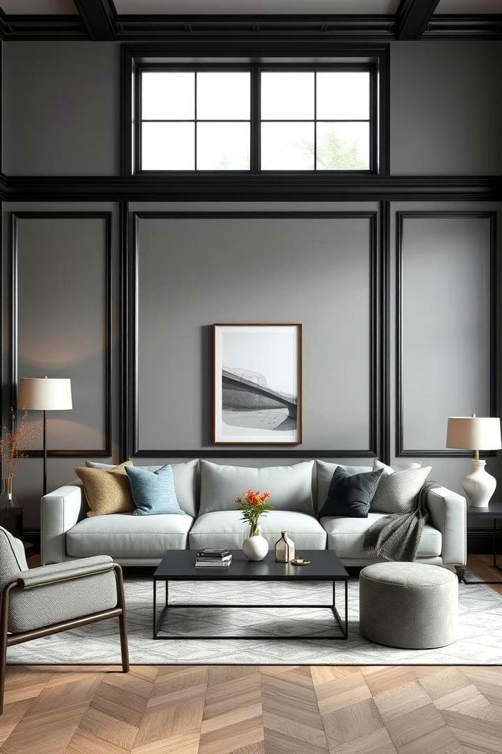 Refined Urban Oasis - 30 living room grey walls black trim