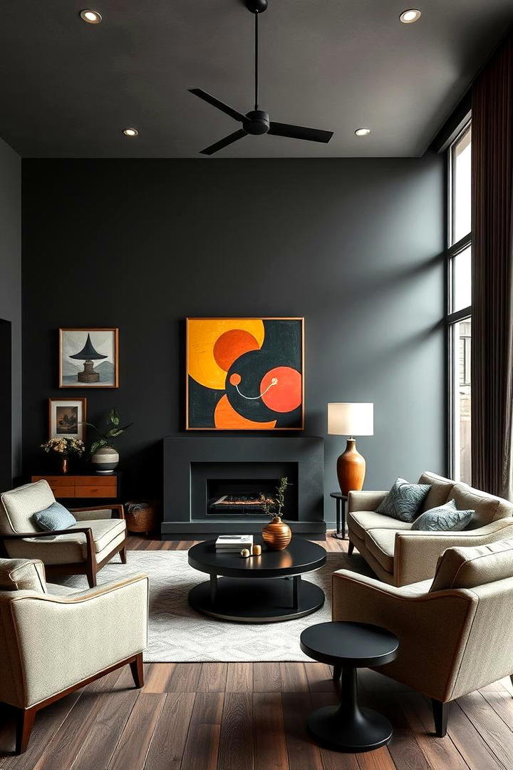 Retro Modern Appeal - 30 Contrasting Living Rooms With Dark Grey Walls