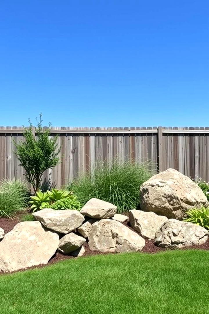 Rock Garden Accent - 30 Simple Fence Line Landscaping Ideas