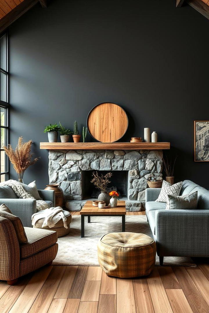 Rustic Charm Contrast - 30 Contrasting Living Rooms With Dark Grey Walls