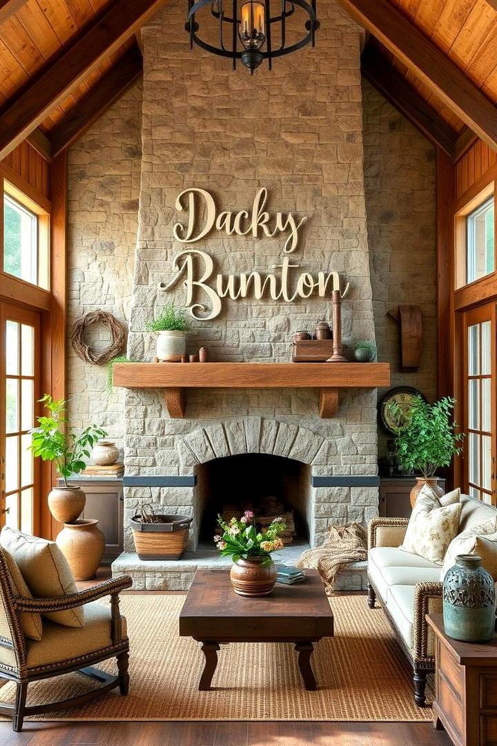 Rustic Country Sunroom Featuring a Stone Fireplace - 30 Sunroom With Fireplace