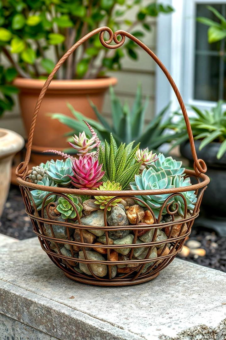 Rustic Iron Succulent Basket - 30 Outdoor Succulent Container Ideas