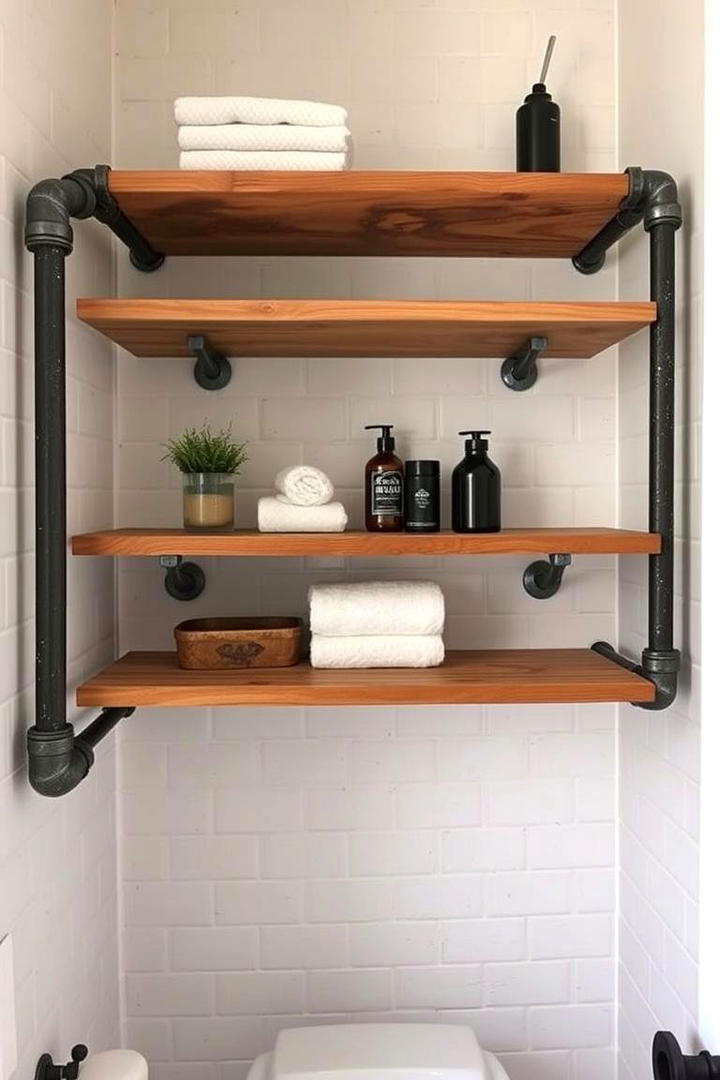 Rustic Pipe Shelving - 30 Small Bathroom Shelving Ideas