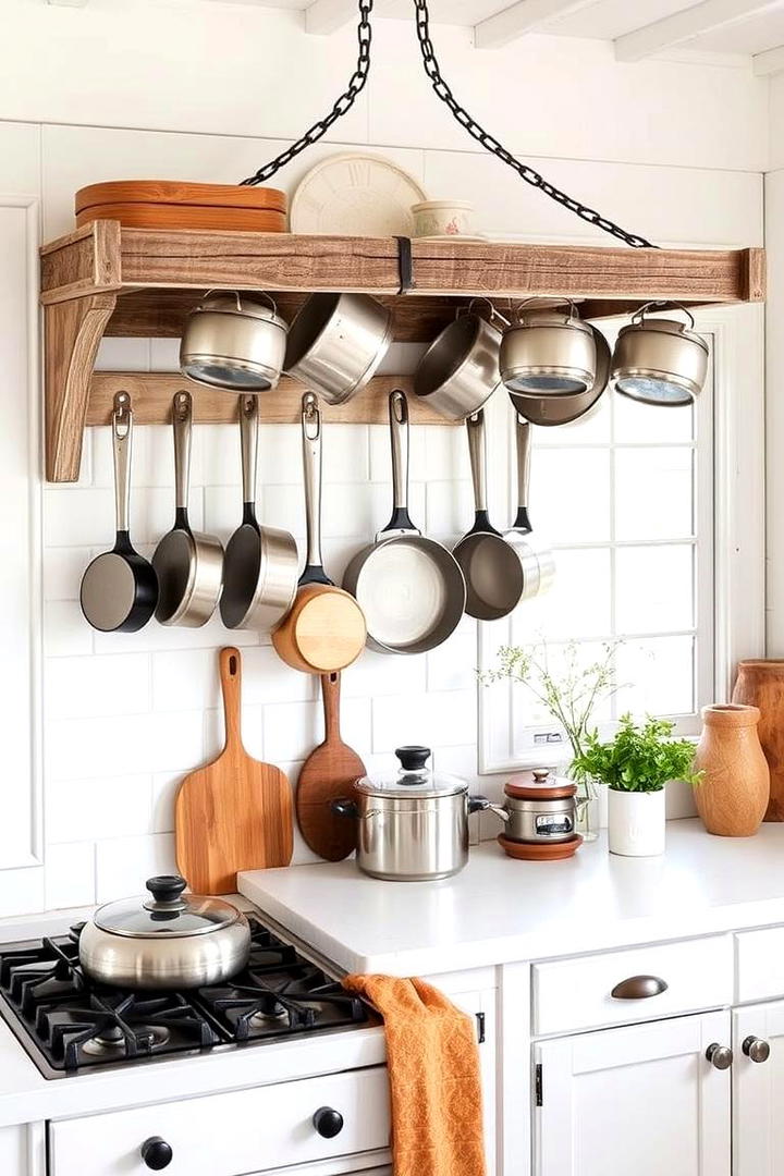 Rustic Pot Rack Display - 30 Rustic White Kitchen Ideas