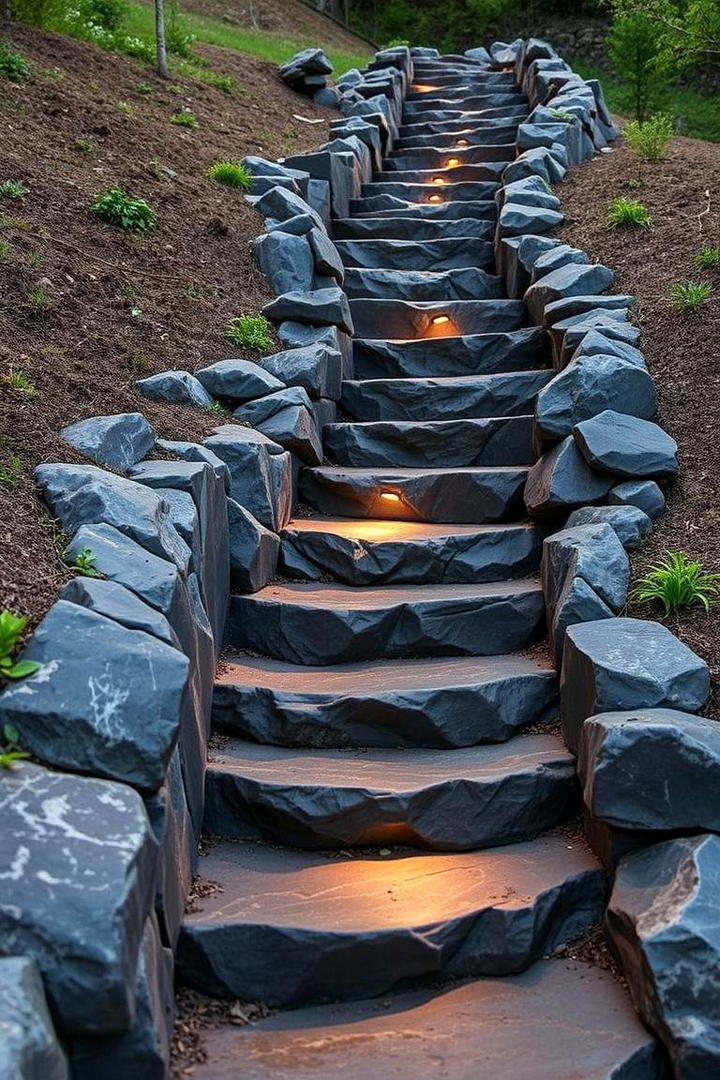 Scenic Stairway with Natural Rocks - 30 Black River Rock Landscaping Ideas