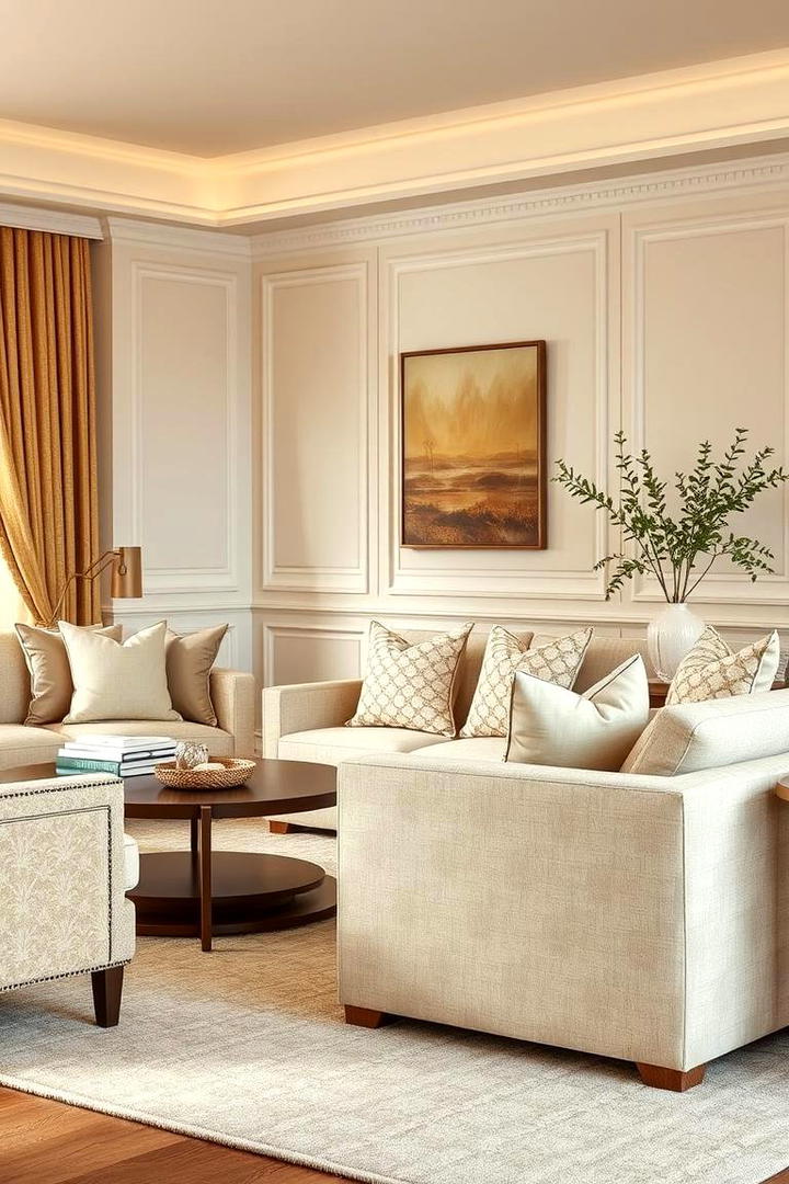 Serene Cream and Gold Textured Upholstery - 30 Cream and Gold Living Room Ideas