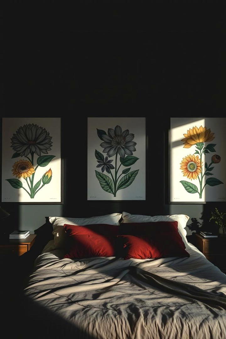 Shadowed Botanical Prints - 30 Dark Boho Bedroom Ideas