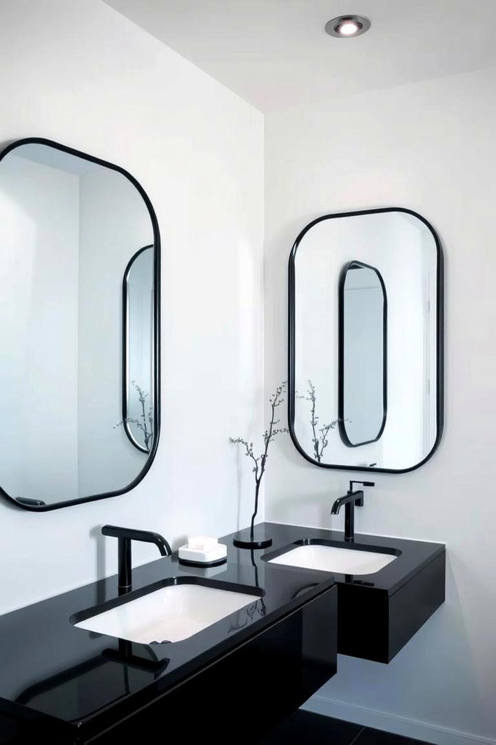 Sleek Black Mirrors Framed in Blue - 30 black and blue bathroom ideas