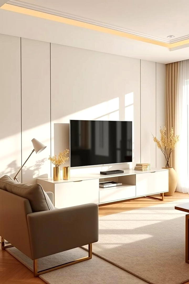 Sleek Cream and Gold Entertainment Setup - 30 Cream and Gold Living Room Ideas