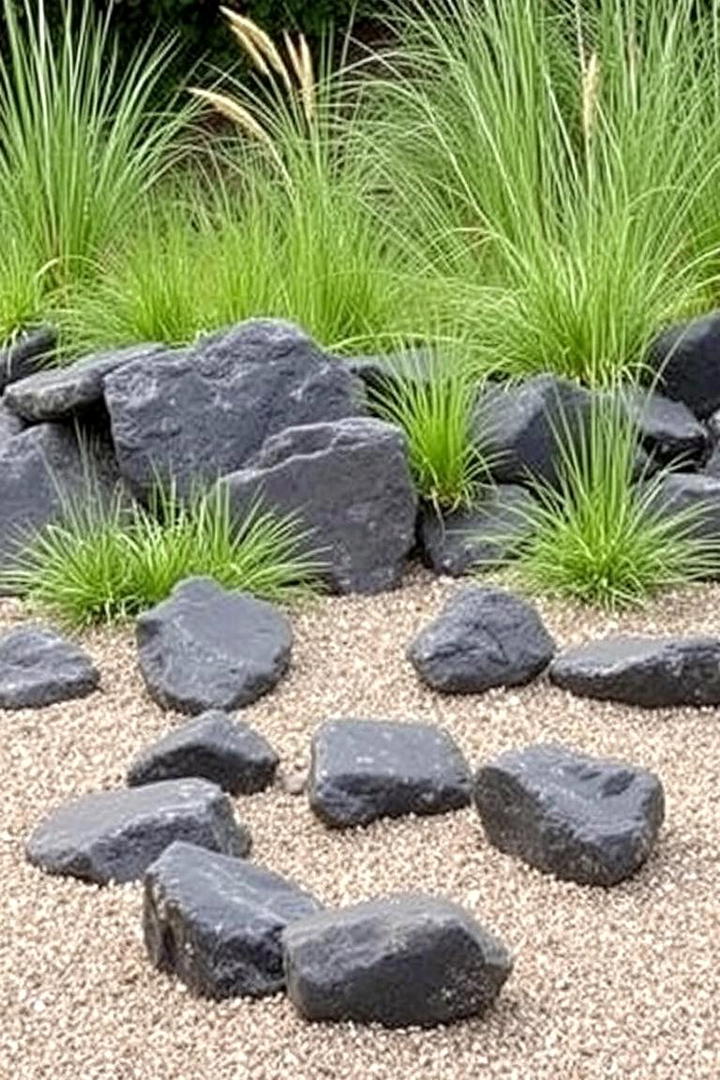 Soft Grasses and Rock Contrast - 30 Black River Rock Landscaping Ideas