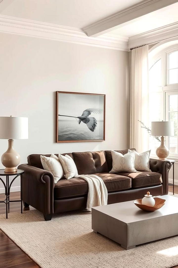 Soft Neutrals to Highlight the Couch - 30 Dark Brown Couch Living Room Ideas