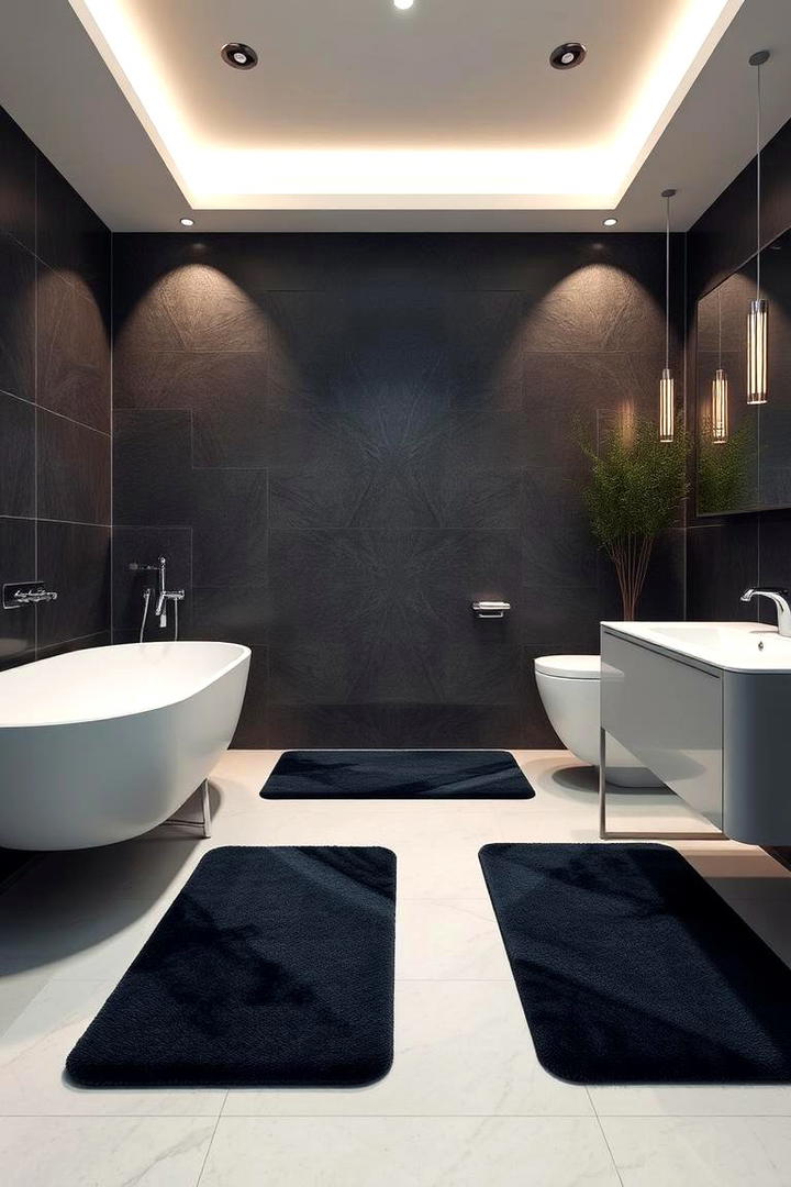 Sophisticated Black Floor Mats with Blue Accents - 30 black and blue bathroom ideas