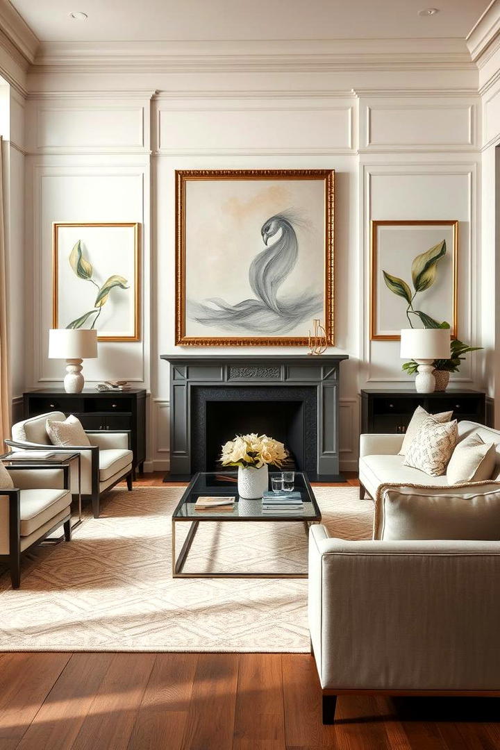 Sophisticated Cream and Gold Artwork Display - 30 Cream and Gold Living Room Ideas