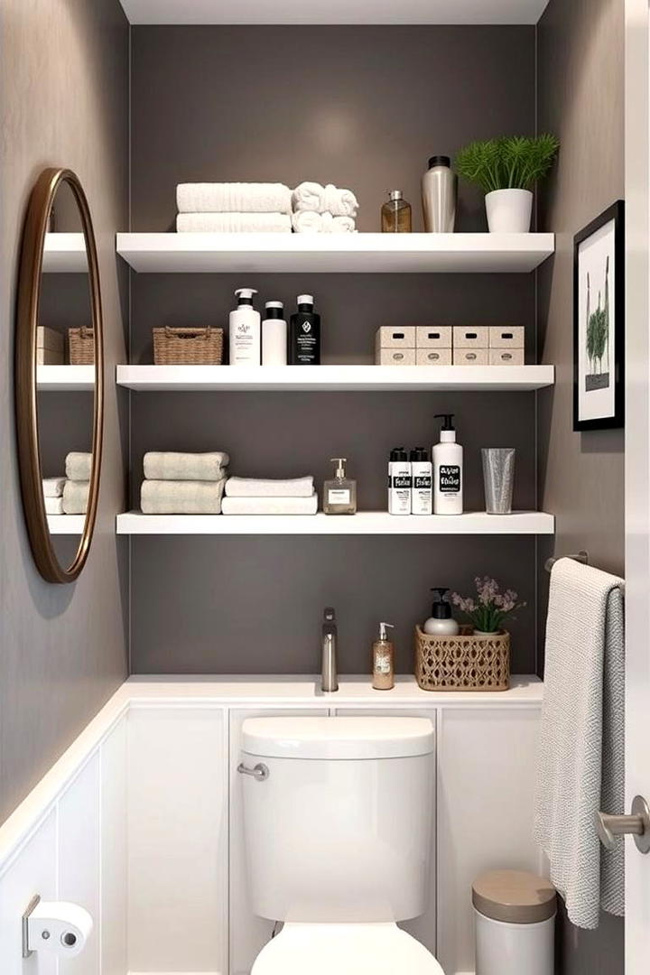 Stacked Shelf Display - 30 Small Bathroom Shelving Ideas