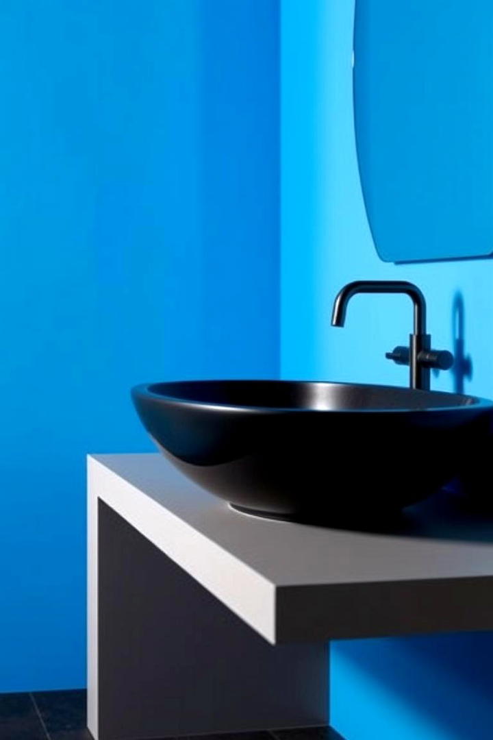 Statement Black Basin with Blue Backdrop - 30 black and blue bathroom ideas