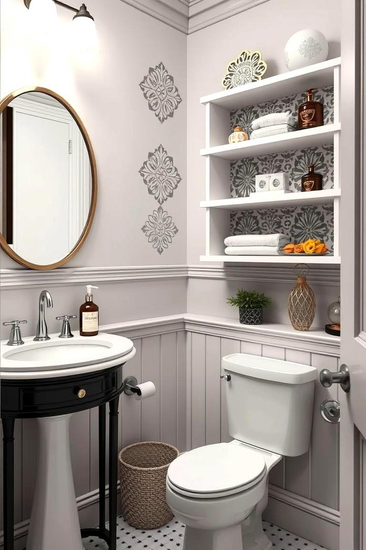 Stenciled Pattern Shelves - 30 Small Bathroom Shelving Ideas