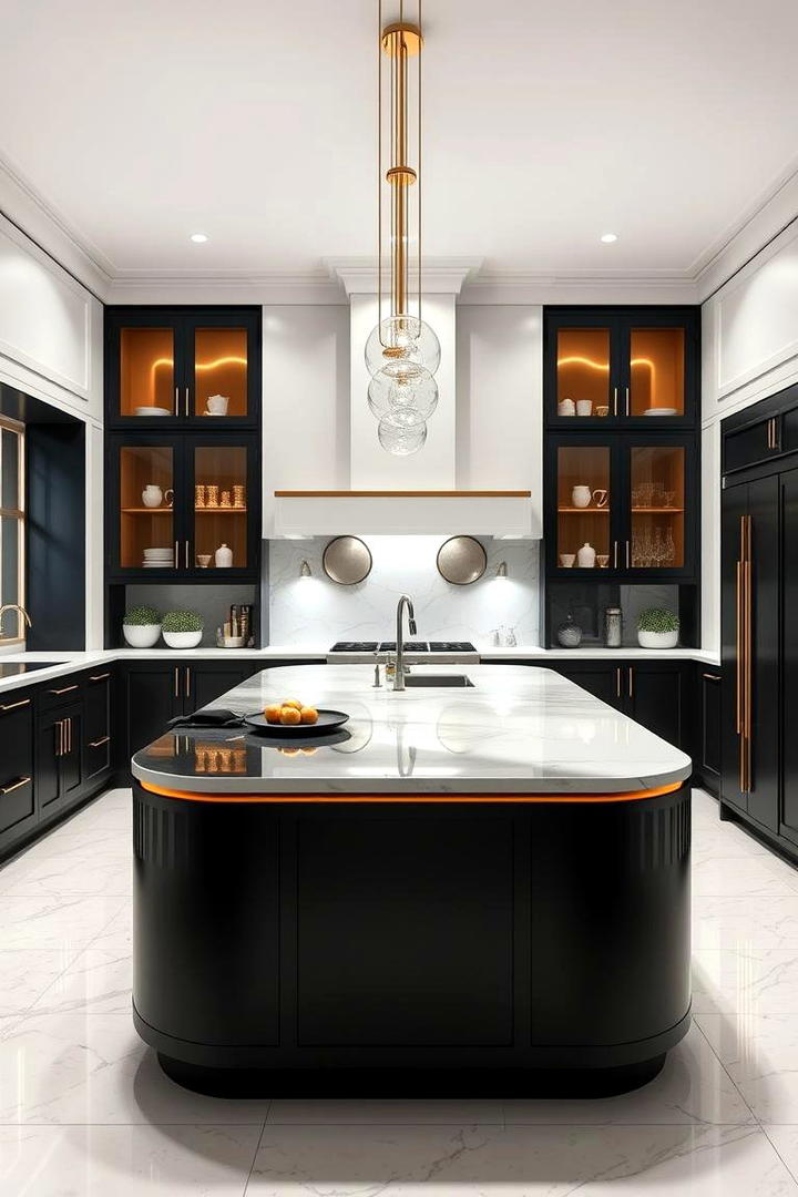 Streamlined Kitchen Island - 30 black white and gold kitchen ideas