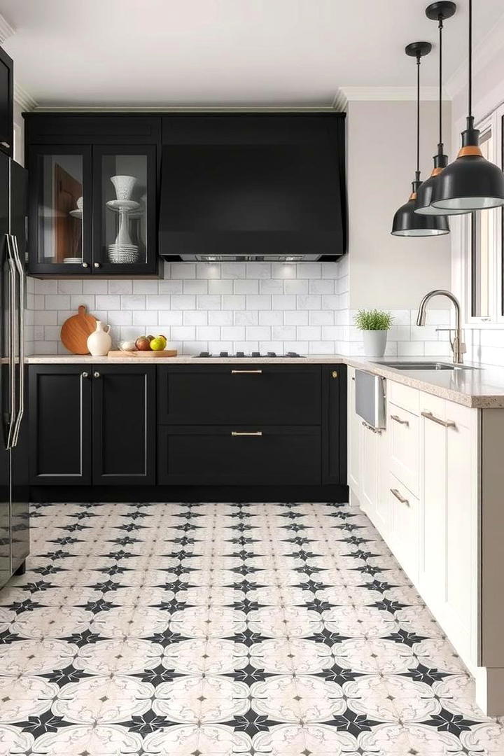 Subtle Black Patterned Floor - 30 Black Floor Kitchen Ideas