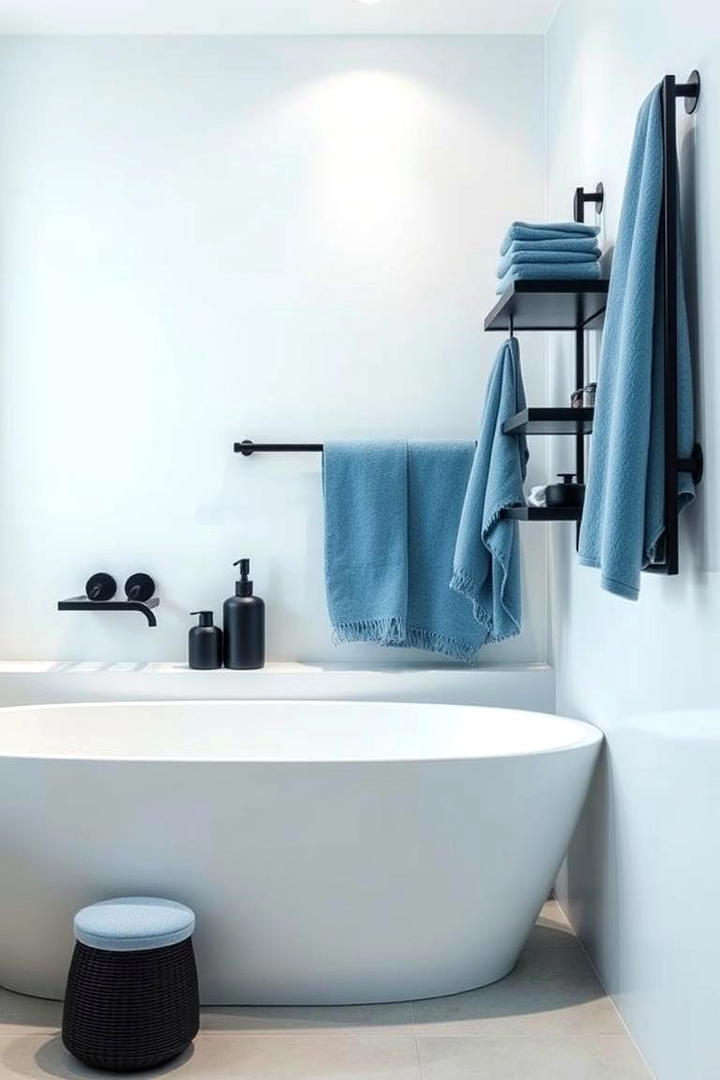 Subtle Blue Towels and Black Accessories Ensemble - 30 black and blue bathroom ideas