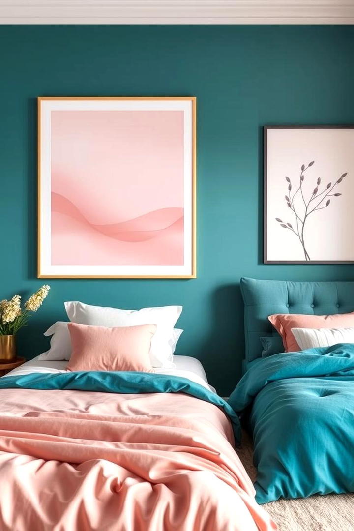 Subtle Pink Wall Art Integration - 30 Teal and Pink Bedroom Ideas