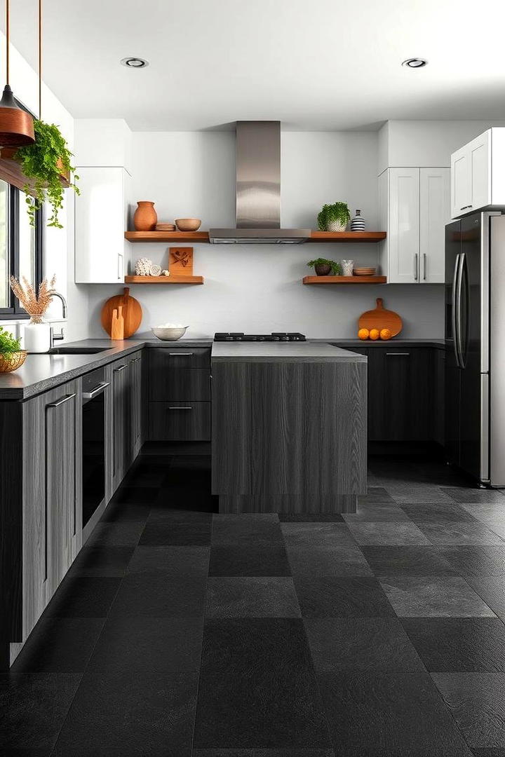 Textured Black Porcelain Appeal - 30 Black Floor Kitchen Ideas